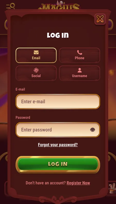 Magius Casino login screen after registration