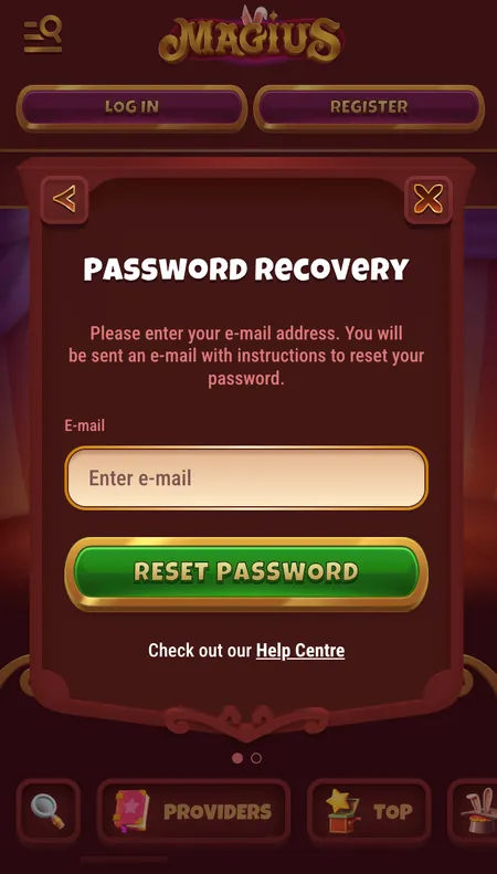 Magius Casino password reset screen
